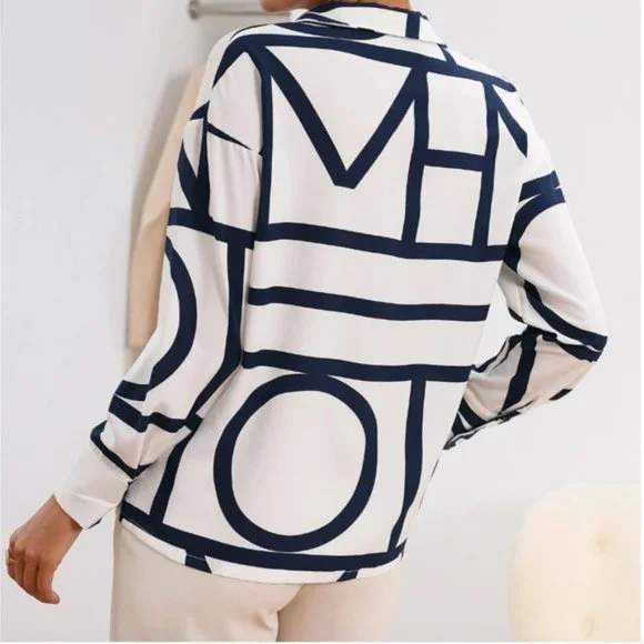 Blue And White Button Down Blouse - Picture 3 of 5